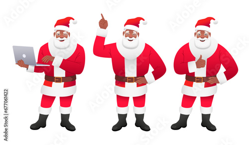Smiling black Santa with glasses holds a laptop in his hands, points to something, shows a like gesture. Collection of three African bearded Santa Claus.