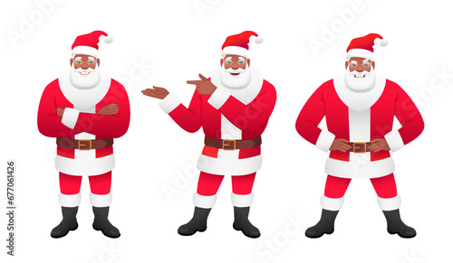 Cheerful black Santa stands with his arms crossed. African Santa Claus points to something with his hand. Angry dissatisfied Santa