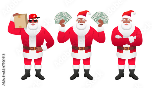 Cool black Santa deliveryman. African Santa Claus is holding a lot of money in his hands. A disgruntled Santa stands with his arms crossed.