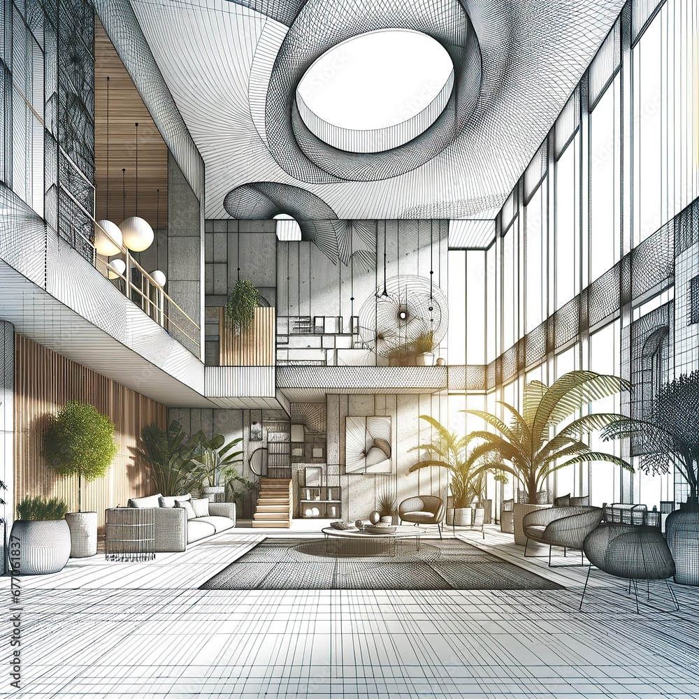 Sketch design of an ultra-modern interior space with unique features ...