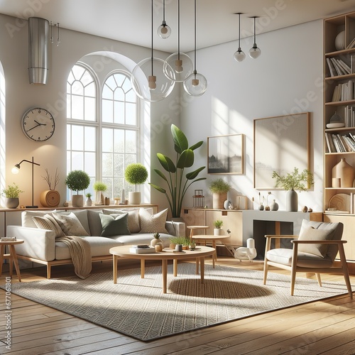 Warm and welcoming living room space with arched windows  ample seating  and industrial elements