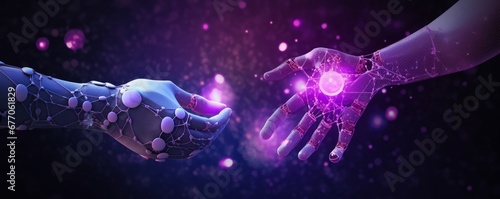 Science, AI, Machine learning, Hands of robot and human touching on big data network connection, Artificial intelligence technology, innovation for futuristic. Purple, Generative AI