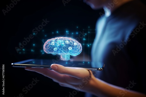 Hand using mobile phone and human brain head network technology for global communication. Digital data and internet computer social concept. Big data and Artificial intelligence, Generative AI photo