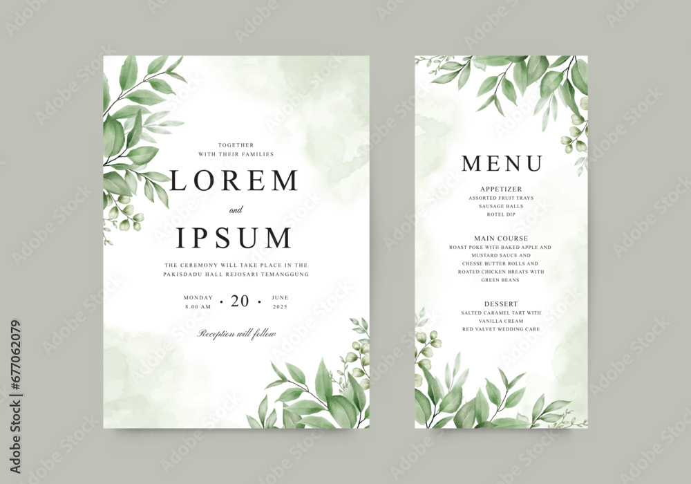 Beautiful wedding invitation template with watercolor leaves