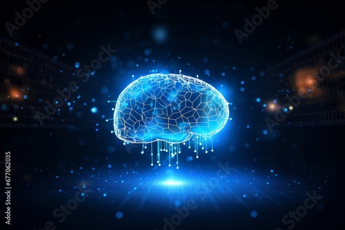 Smart glowing brain on blue abstract digital binary code background. Sciene technology and Digital transformation concept. New futuristic system technology sign and symbol. AI