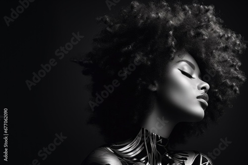 Close up black and white photo of african american woman staring photo