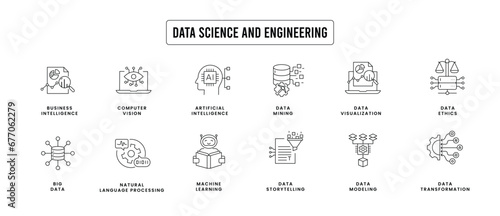 Data science and engineering icons: modeling, transformation, mining, storytelling, visualization, big data, computer vision, natural language processing, AI, ML, and data ethics.