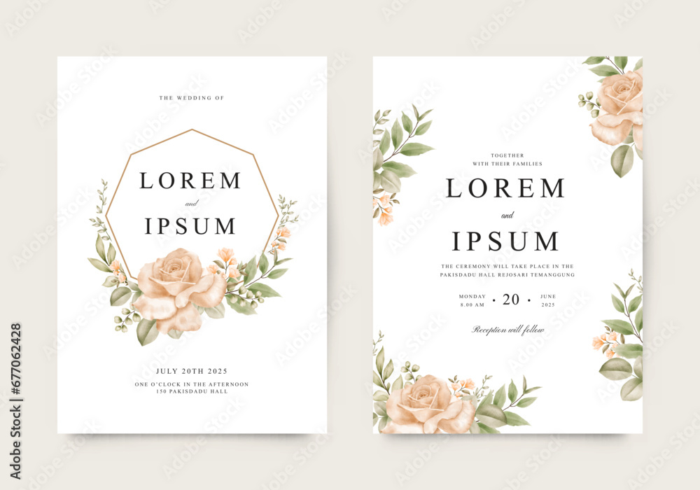 Elegant wedding invitation template with orange rose watercolor