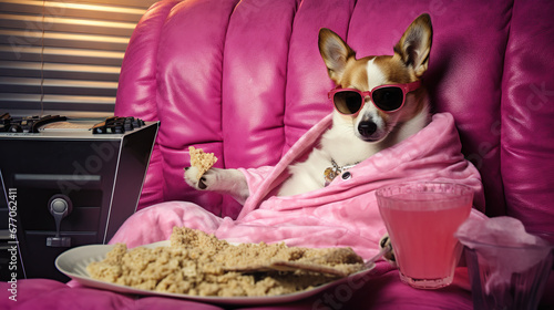 Dog sitting on couch wearing pink jacket and sunglasses