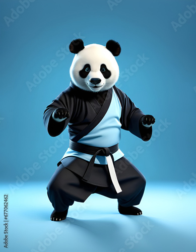 Panda en kimono et ceinture noire, en position d'art martial, karaté, aïkido, judo, Kung-fu - IA générative © CURIOS