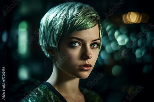 Woman portrait with short green hairstyle. Vivid female beauty model posing in darkness. Generate ai