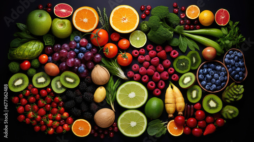 various healthy vegan fresh food fruits on a dark background created with Generative AI Technology