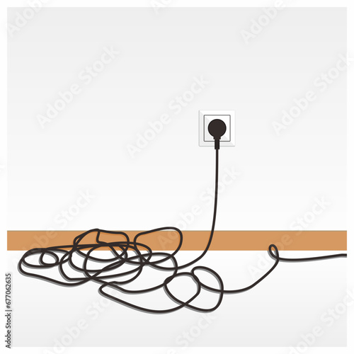 Untidy and scattered electric cable lay on the floor vector illustration. Electrical safety bad practice for lesson learned. Unsafe condition. Poor cable management.