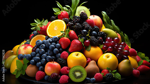 various healthy vegan fresh food fruits on a dark background created with Generative AI Technology