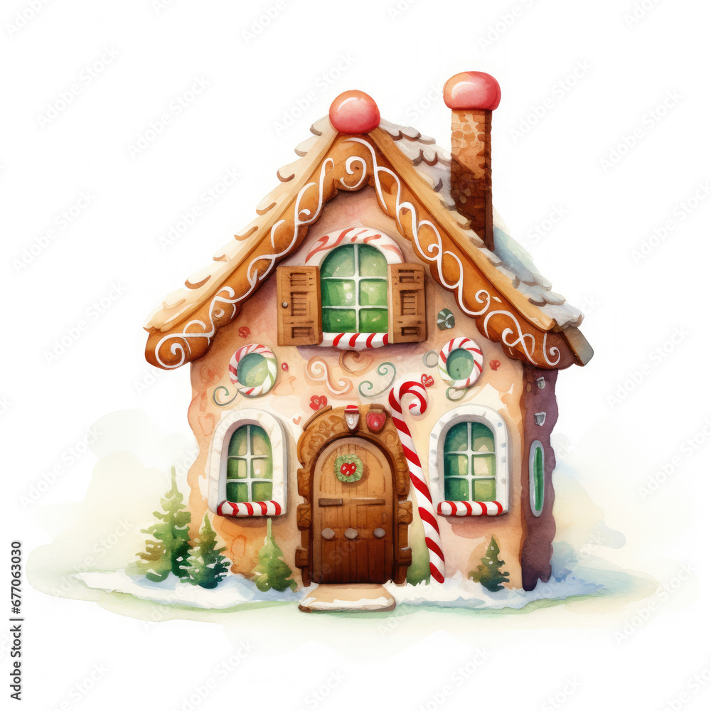 small watercolor gingerbread house on a white background created with Generative AI Technology