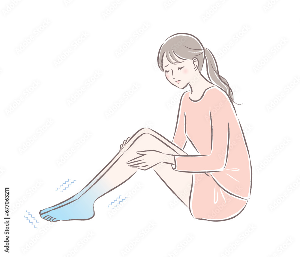 寒さ・冷え性で足先が震える若い女性のイラスト 寒さ・冷え性で足先が震える若い女性のイラスト