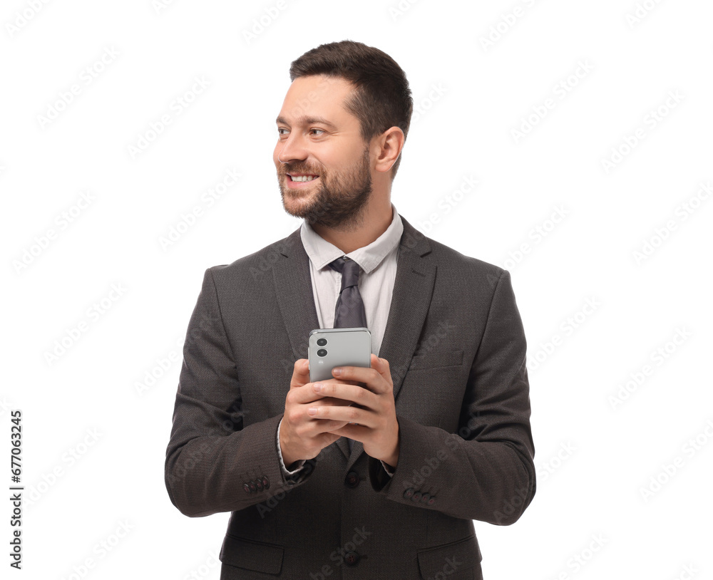 Happy man sending message via smartphone on white background Happy man sending message via smartphone on white background