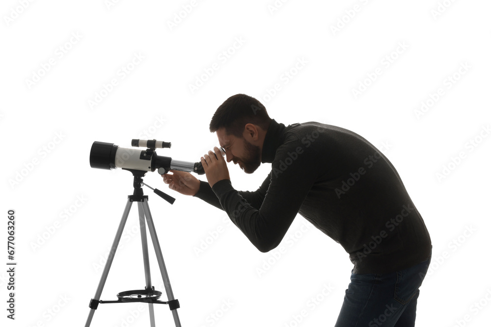 Astronomer looking at stars through telescope on white background Astronomer looking at stars through telescope on white background