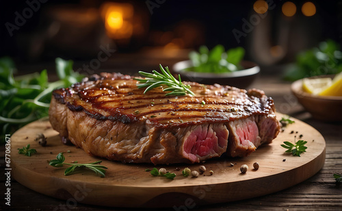 Fried meat steak on a wooden plate.