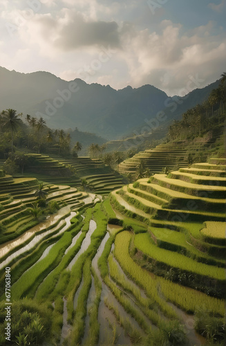 A beautiful green mountain with terraces rice fields.