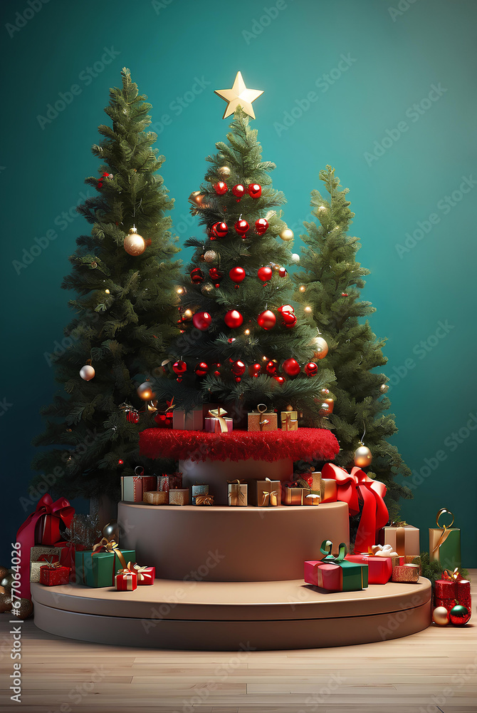 Luxury Merry Christmas product display podium with pine tree and decoration.