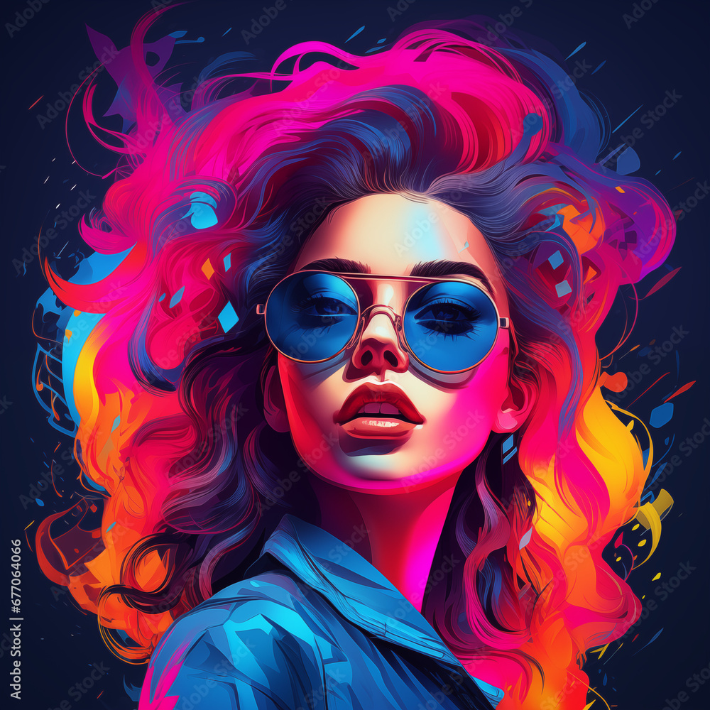 Bright neon portrait of a girl in glasses in psychedelic style, young woman, model, created by AI