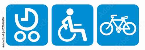 Set of three symbols, icon, wheelchair, stroller, bicycle, pictograms on means of transport, train, bus, reserved spaces, vector photo