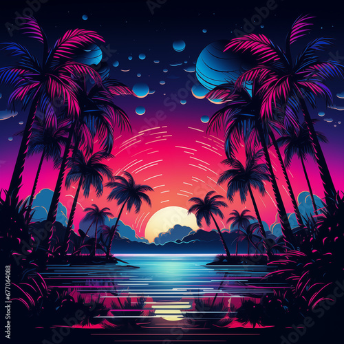 Bright neon landscape in psychedelic style, background, sea, palm trees, sunset © Tata Che