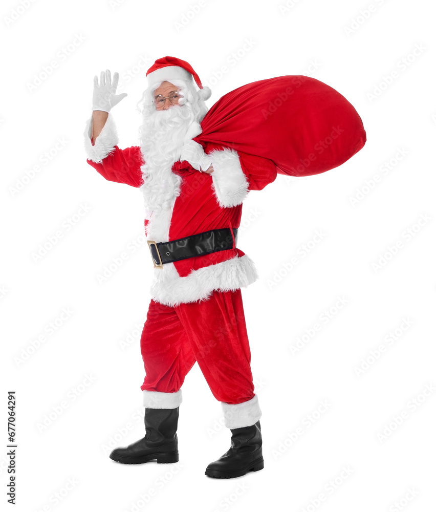Man in Santa Claus costume with bag posing on white background Man in Santa Claus costume with bag posing on white background