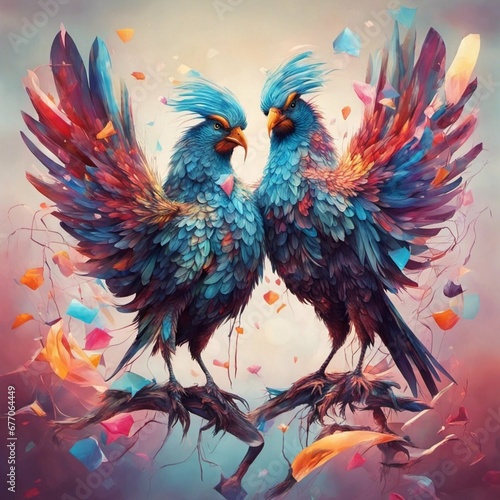 beautiful stunning romantic couple in love birds  intense  dynamic  stylized  fantastic  detailed  high  resolution