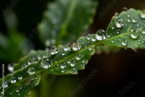 Leaf raindrops closeup. Nature green natural garden plant. Generate Ai