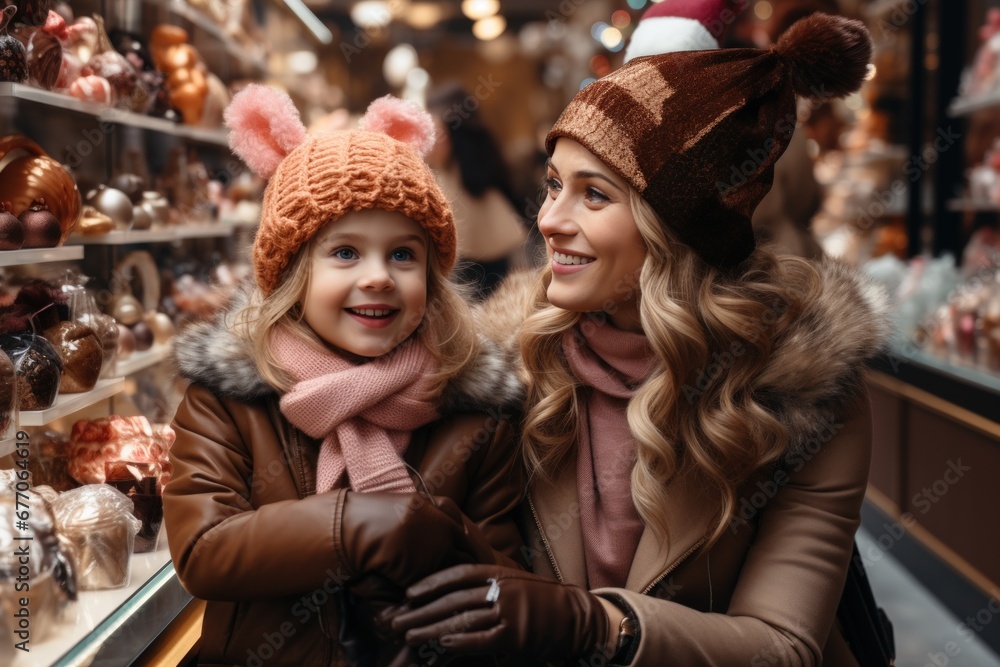 Fototapeta premium Mother-Daughter Joy: Stylish City Life and Family Happiness