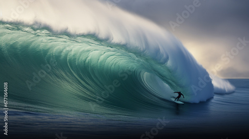a person riding on a large wave in the ocean photo