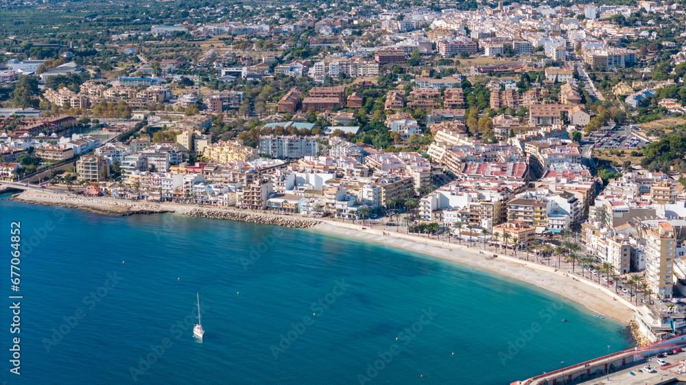 Aerial drone photo of the bay and the small town of Javea in the Costa Blanca Spain