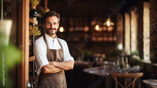 smiling young man, coffee shop owner standing in front of his cozy café bar or pub , confident entrepreneur, small business owner, business and success concept 