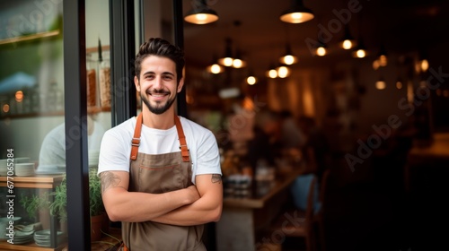 smiling young man, coffee shop owner standing in front of his cozy café bar or pub , confident entrepreneur, small business owner, business and success concept 