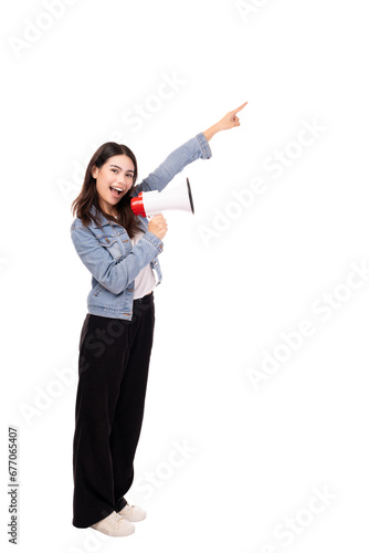 Speech asian woman talking in megaphone or loudspeaker shouting loud Pretty girl point finger tell discount promotion Use for advertisement She standing over islolated on white background full body