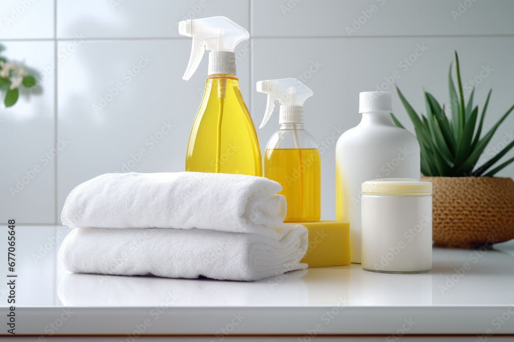 Cleaning products for home and bathroom on a shelf against a wall with tiles. Cleaning products for home and bathroom on a shelf against a wall with tiles.