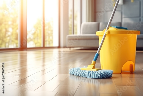 Banner with space for text bucket and mop for cleaning floors