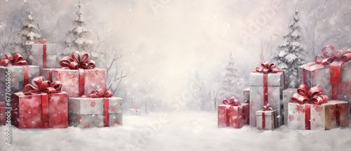 A snowy scene with Christmas gifts. New Year holiday concept © PasAI Photography