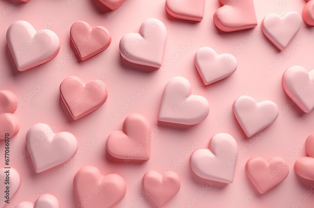 Minimalistic hearts colored in different pink shades. Several little hearts on pink pastel backdrop. Generate ai