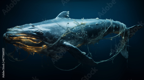 An image of a whale entangled in discarded fishing nets, symbolizing the dangers of overfishing. photo