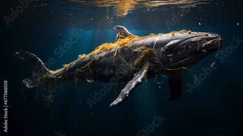 An image of a whale entangled in discarded fishing nets, symbolizing the dangers of overfishing. photo