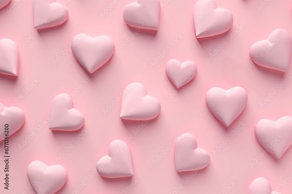 Minimalistic love hearts colored pink pastel. Small rosy hearts on romantic pink background. Generate ai