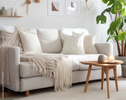 Stylish living room with modern furniture and cozy decor. Cozy Modern Living Room with Comfortable Sofa Bed and Stylish Interior Design