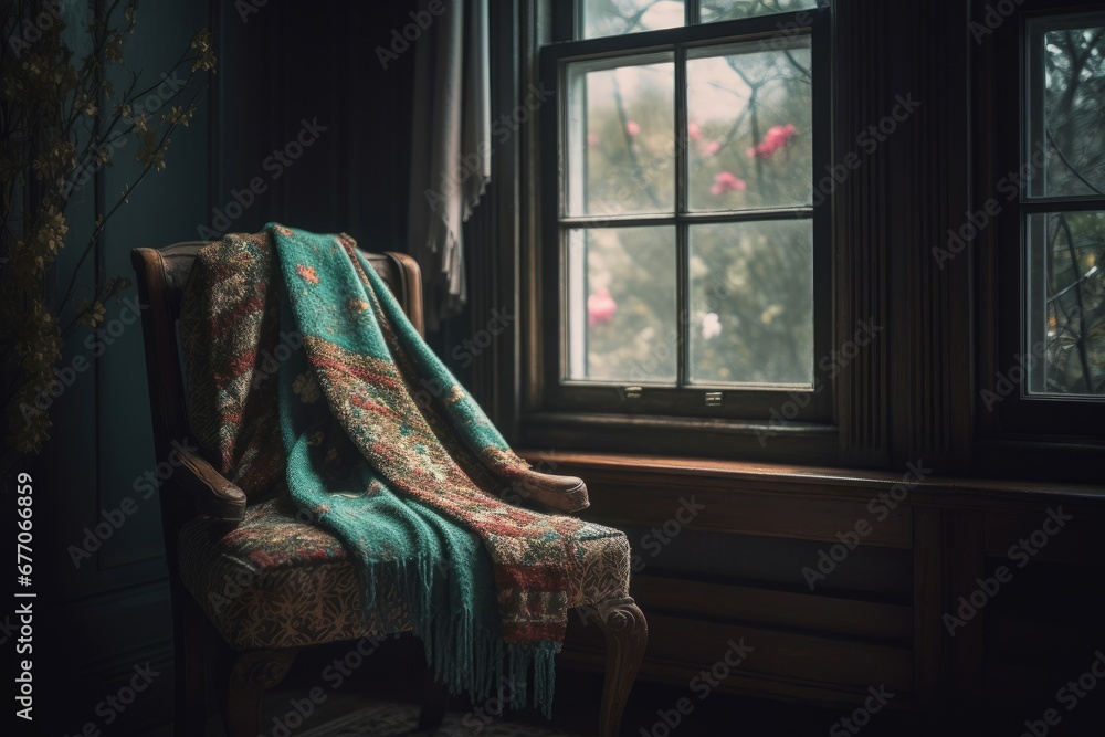 Chair in dark room near window with overlooking garden. Vintage armchair with colorful plaid with nature oversight. Generate ai - obrazy, fototapety, plakaty 