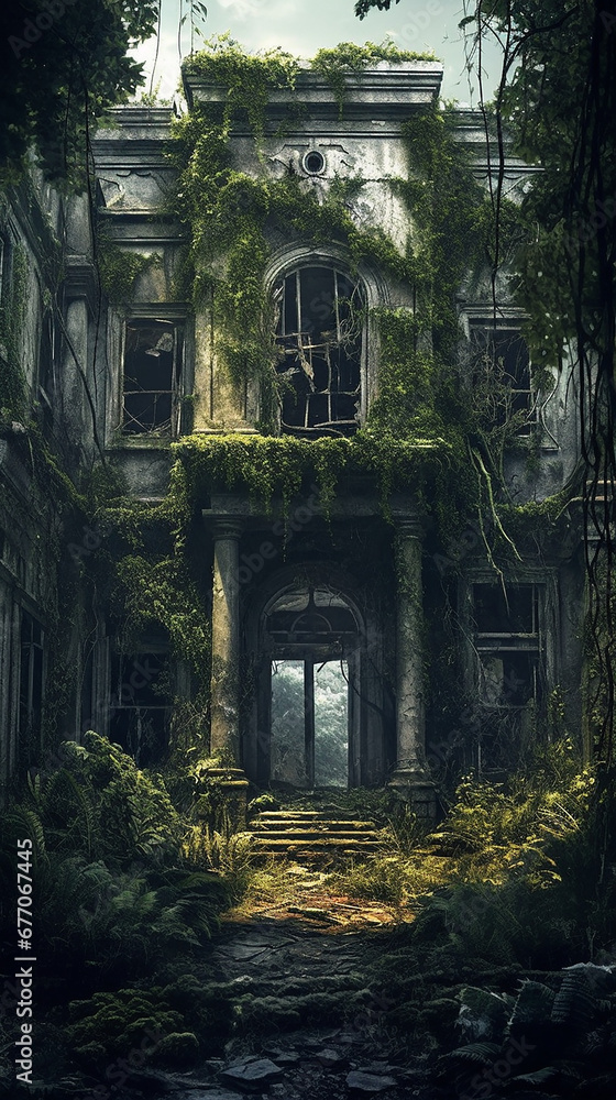 Abandoned Manor, Mansion, Overgrown Building, AI Generated