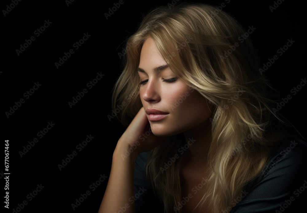 Dramatic portrait of a young beautiful blonde woman in dark colors. Women's beauty and fashion. Dramatic portrait of a young beautiful blonde woman in dark colors. Women's beauty and fashion.