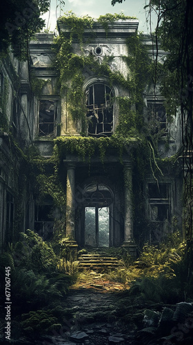 Abandoned Manor  Mansion  Overgrown Building  AI Generated