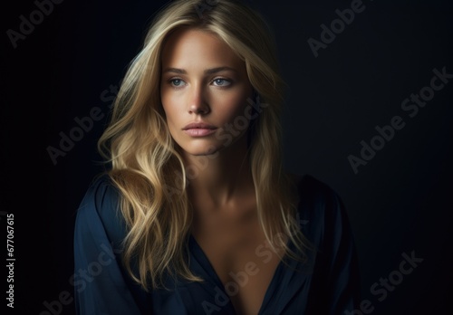 Dramatic portrait of a young beautiful blonde woman in dark colors. Women's beauty and fashion.